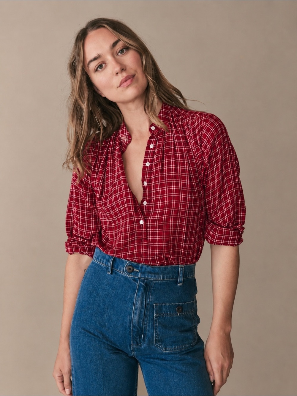 DÔEN Holde Top in Red Plaid Cotton Blouse XS